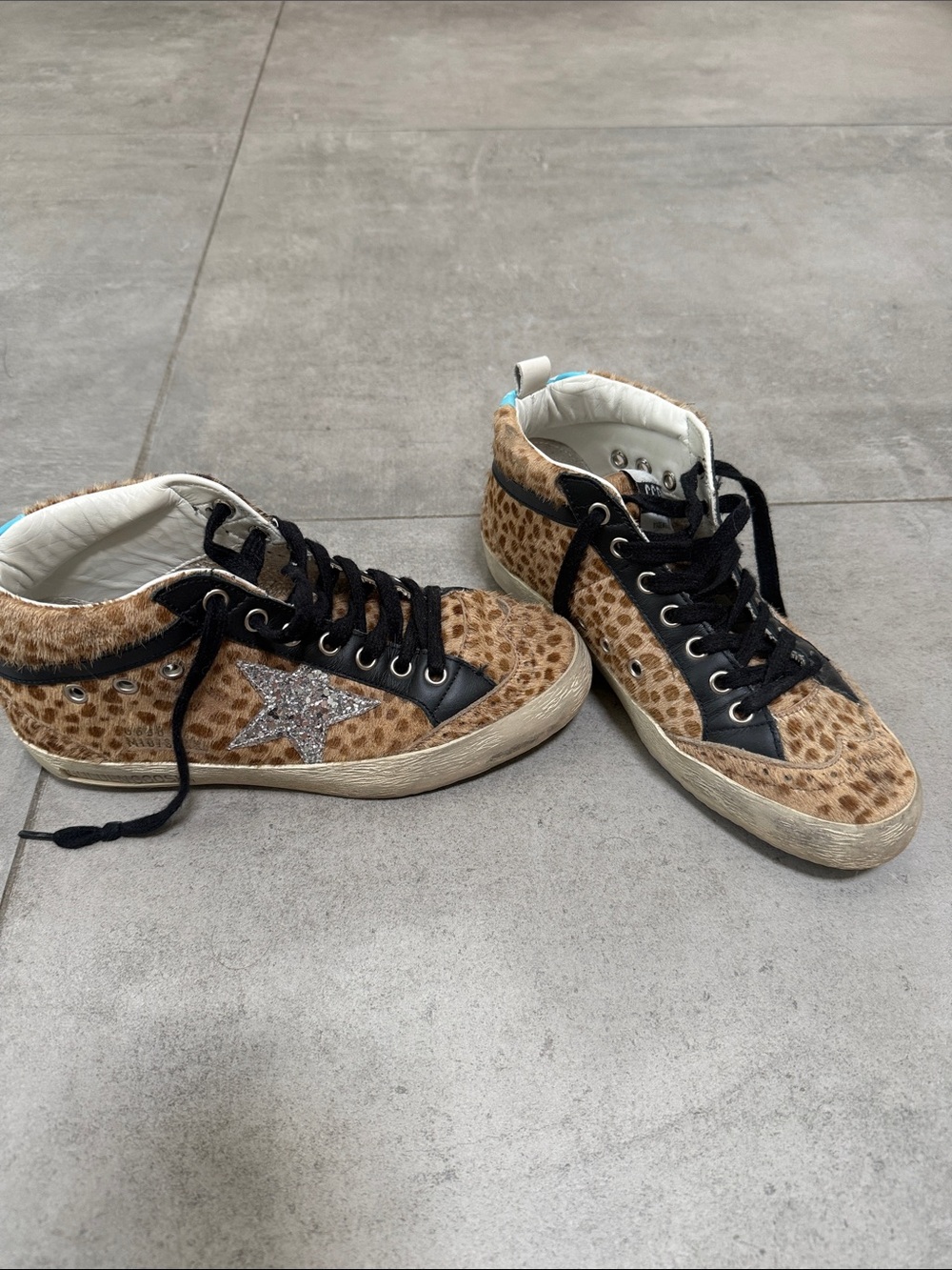 Golden Goose Leopard-Print High-Top Sneakers with Silver Star